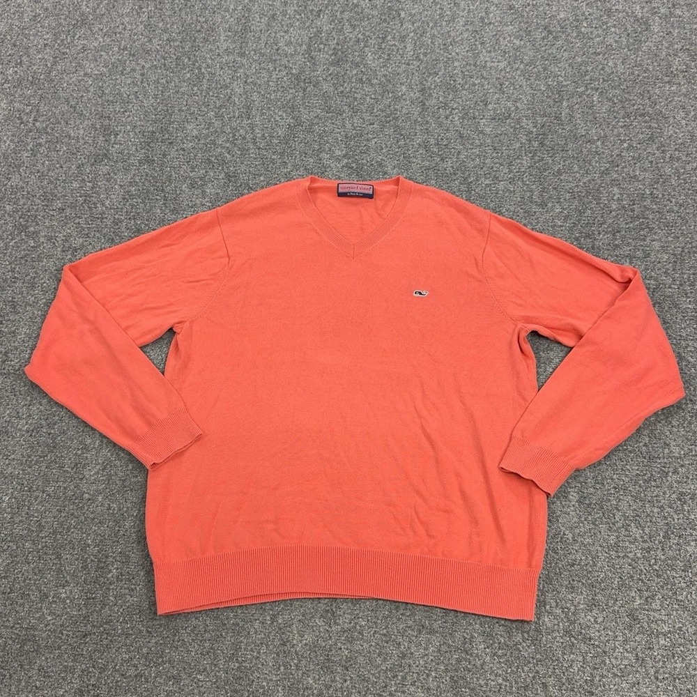 Vineyard Vines Sweater Mens XL Orange V Neck Knit Pullover Whale Logo Casual